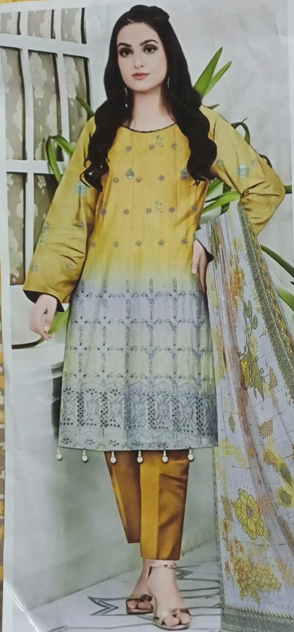 Yellow Digital Lawn 9070 Chikankari ladies suit with intricate embroidery, showcasing a stylish and elegant design.